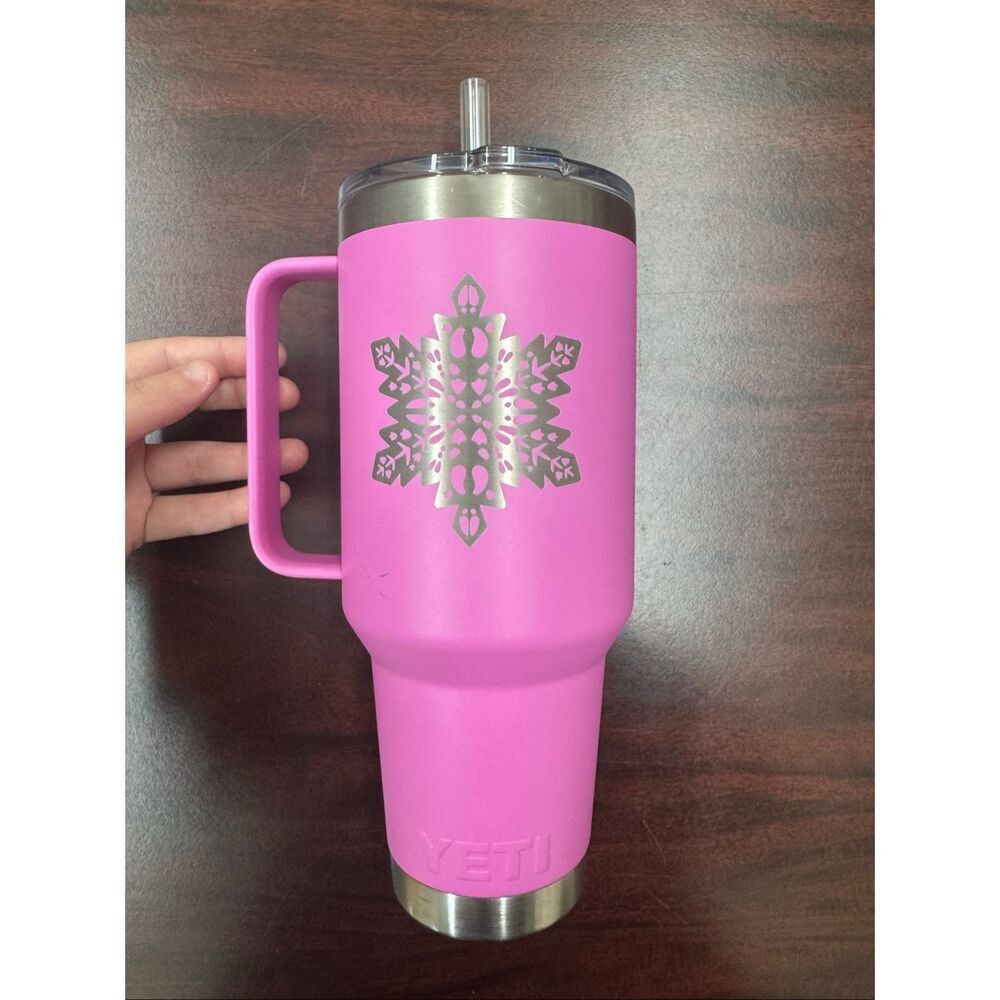 Yeti Pink Engraved “Jennifer” and Snowflake 42 Oz Cup with Handle and Straw